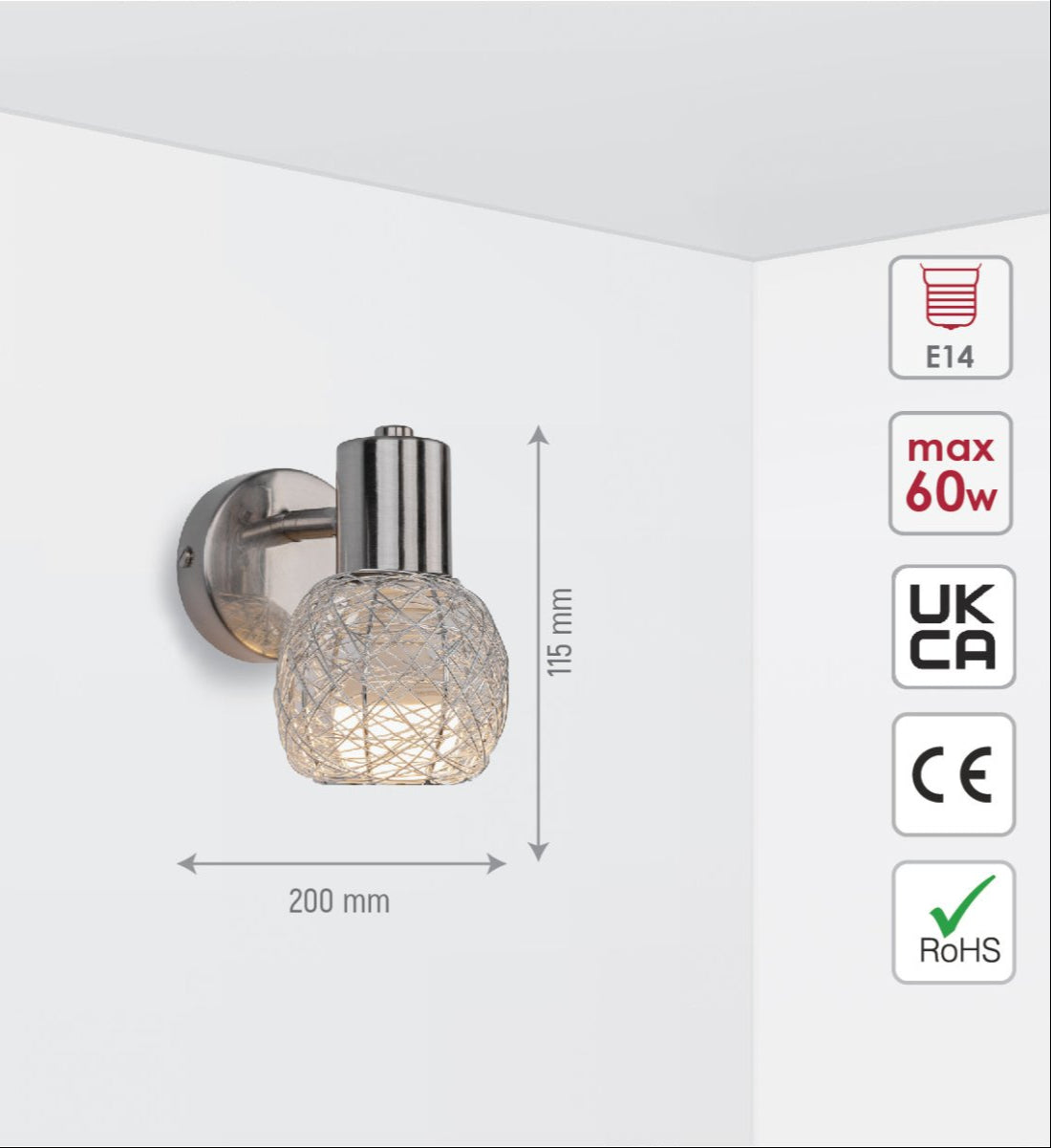 Size and specs of Matte Nickel Metal Silver Globe Nest Wall Light with E14 Fitting | TEKLED 151-19693