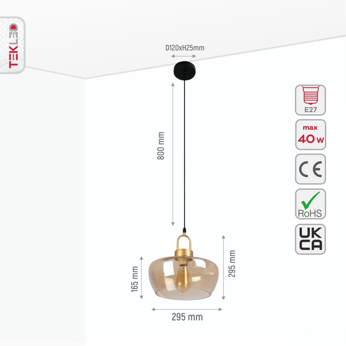 Size and specs of Miele Grande Amber Glass Pendant Light with E27 Fitting | TEKLED 159-17496