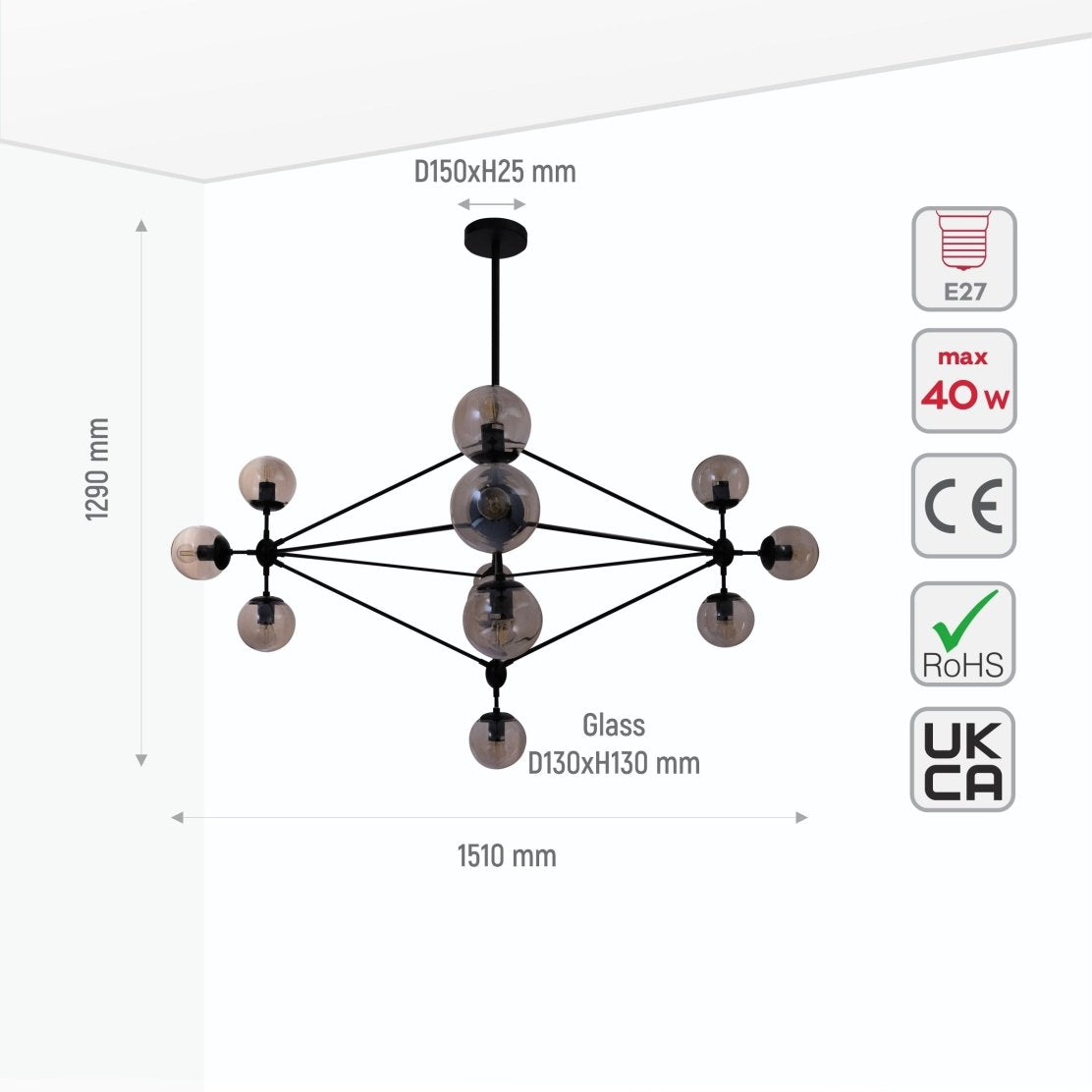 Size and specs of Molecule Shape Black Rod Metal Amber Glass Globe Chandelier with 13xE27 Fitting | TEKLED 156-19502