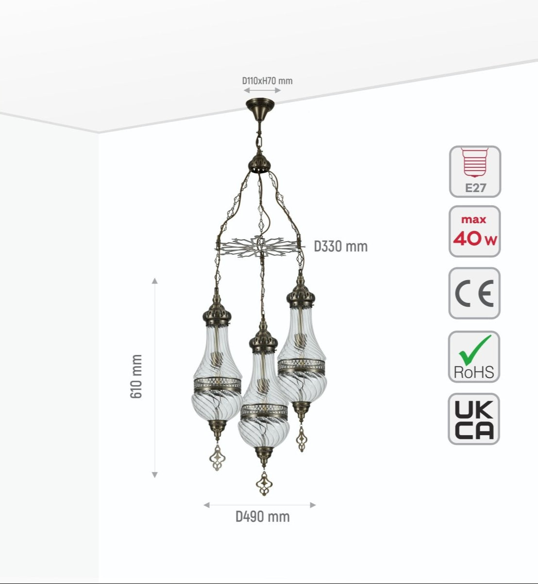 Size and specs of Moroccan Style Antique Brass and Clear Glass Ceiling Oriental Chandelier with 3xE27 | TEKLED 158-19555