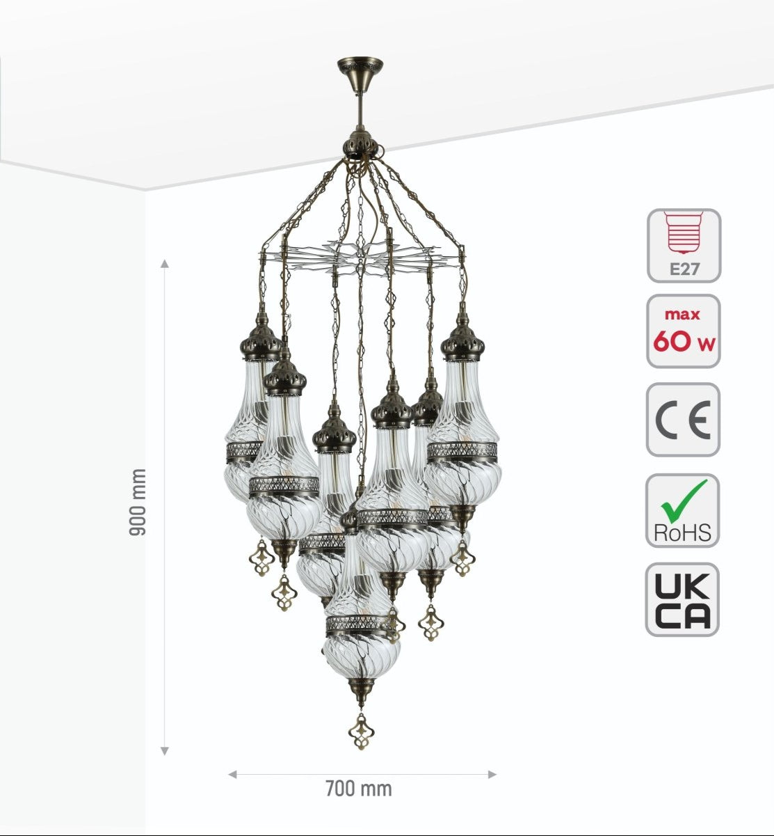 Size and specs of Moroccan Style Antique Brass and Clear Glass Chandelier with 7xE27 | TEKLED 158-19557