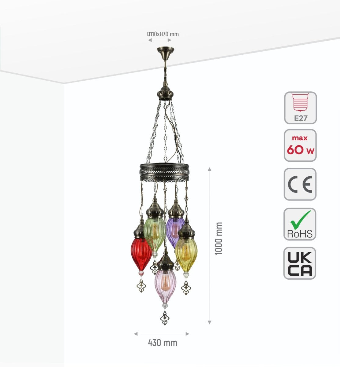 Size and specs of Moroccan Style Antique Brass and Multi Colour Glass Chandelier Pendant Light 5xE27 | TEKLED 158-19560