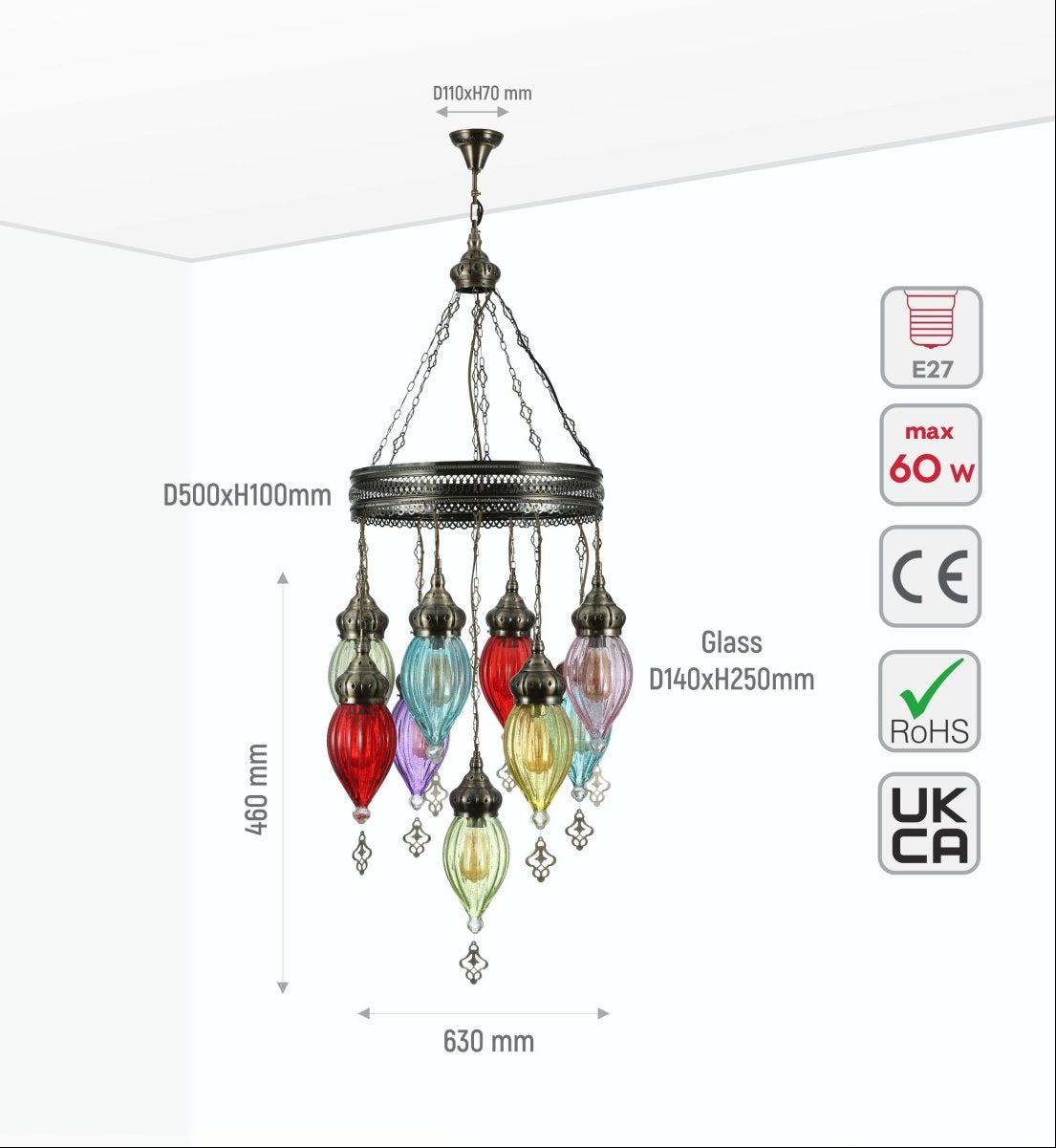 Size and specs of Moroccan Style Antique Brass and Multi Colour Glass Chandelier Pendant Light 9xE27 | TEKLED 158-19562