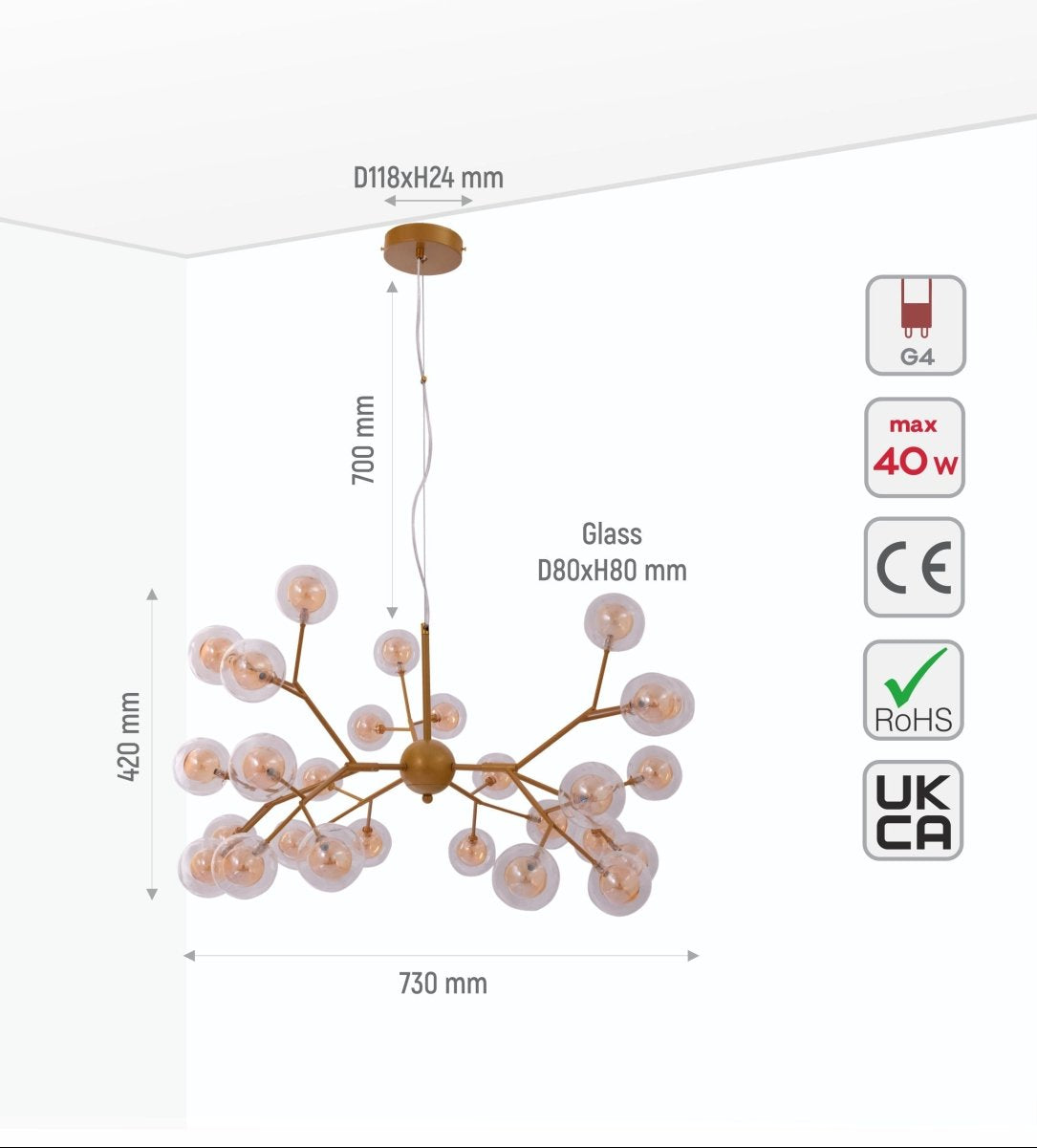 Size and specs of Neuron Model Gold and Amber Chandelier with 27xG4 Fittings | TEKLED 158-19616