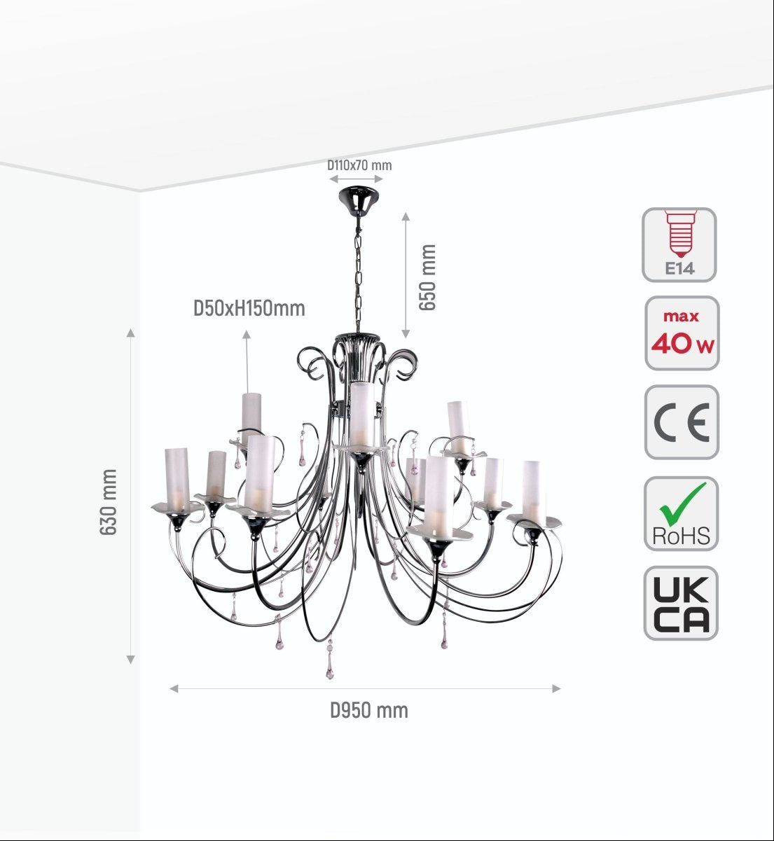 Size and specs of Opal Cylinder Glass Chrome Metal 12 Arm Chandelier with 12xE14 Fitting | TEKLED 158-17820