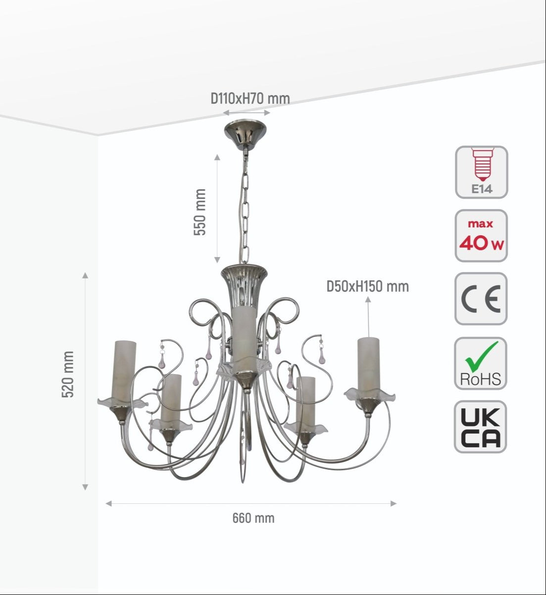 Size and specs of Opal Cylinder Glass Chrome Metal 5 Arm Chandelier with 5xE14 Fitting | TEKLED 158-17816