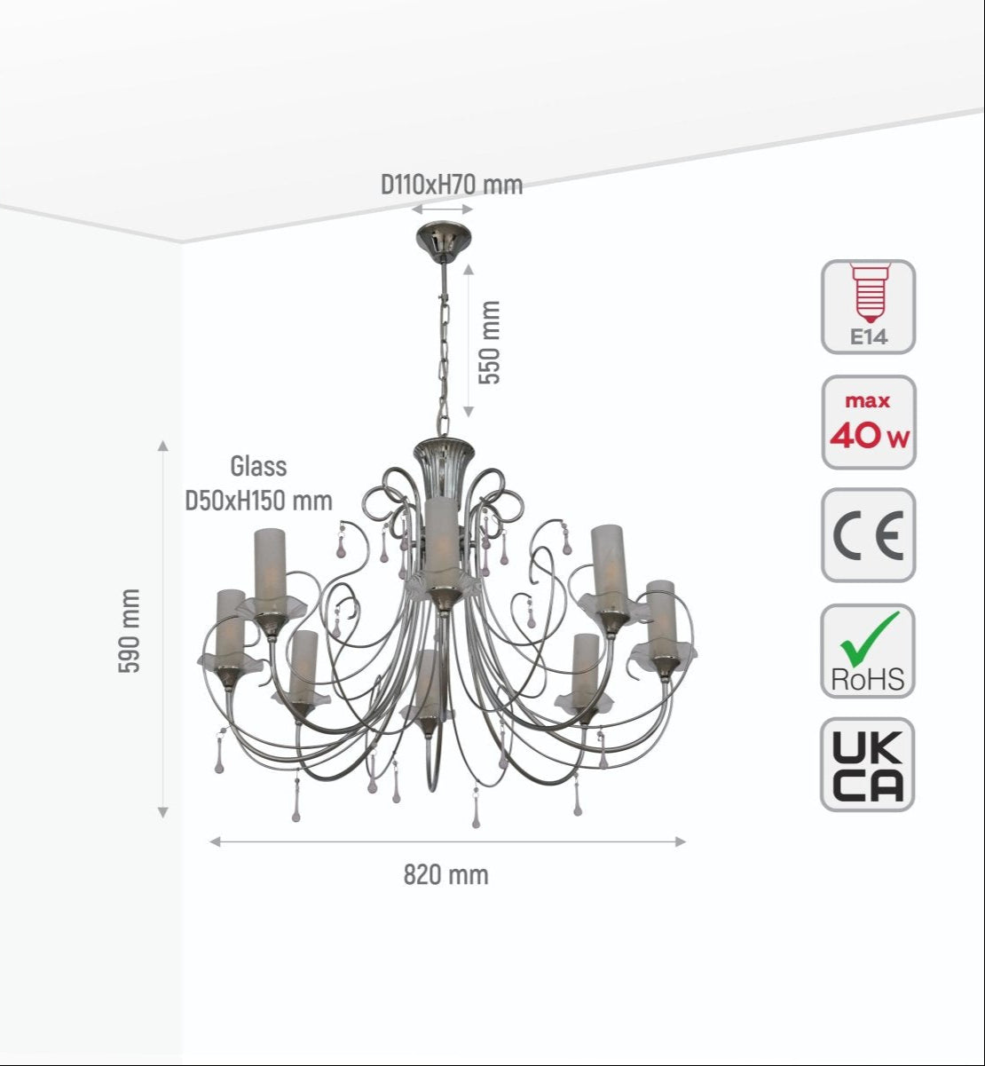 Size and specs of Opal Cylinder Glass Chrome Metal 8 Arm Chandelier with 8xE14 Fitting | TEKLED 158-17818