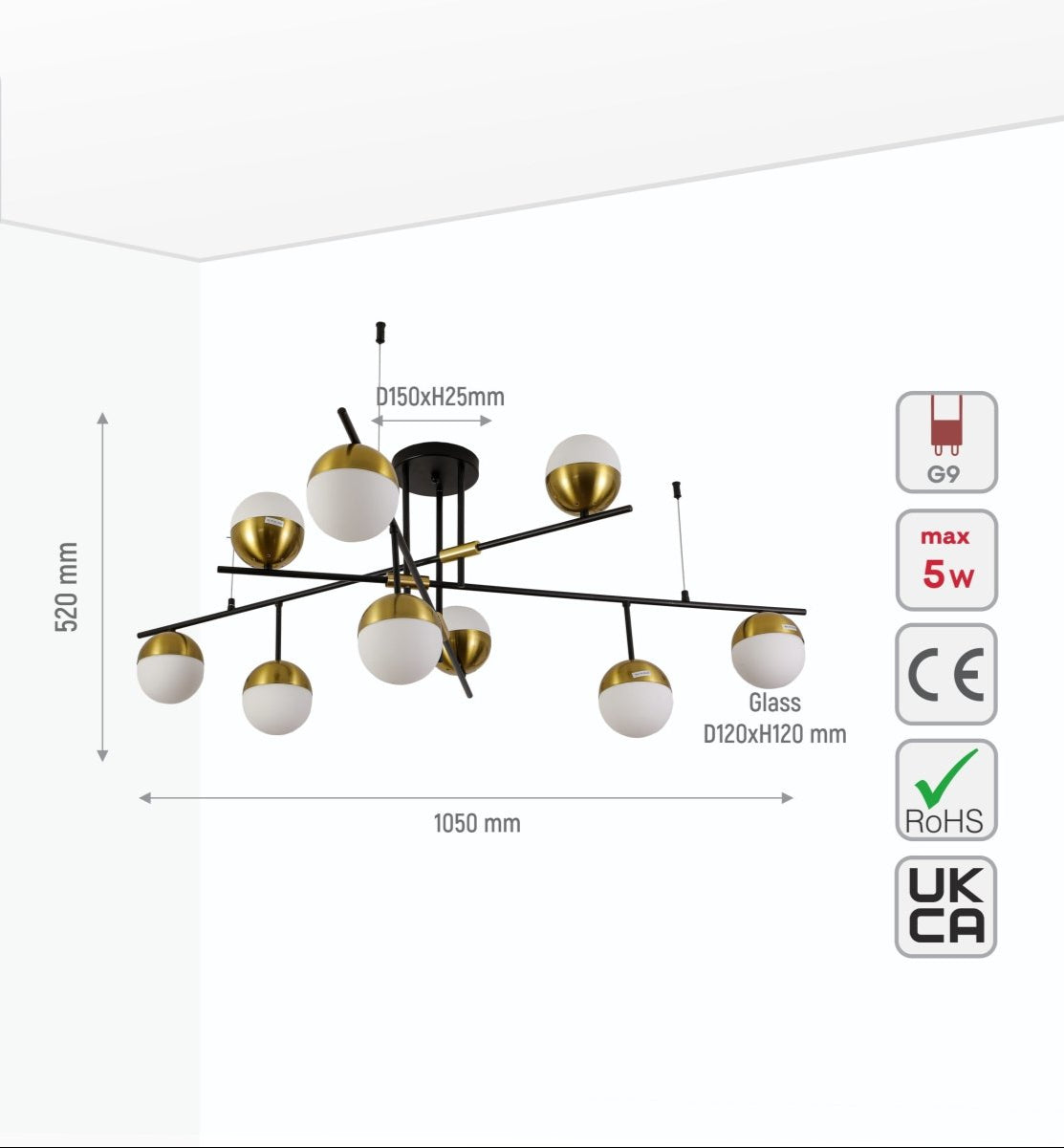 Size and specs of Opal Globe Glass Gold Black Metal Body Modern Nordic Chandelier with 9xG9 Fittings | TEKLED 159-17540