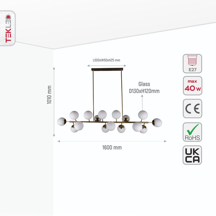 size information for gold body opal glass globes 16 lamp