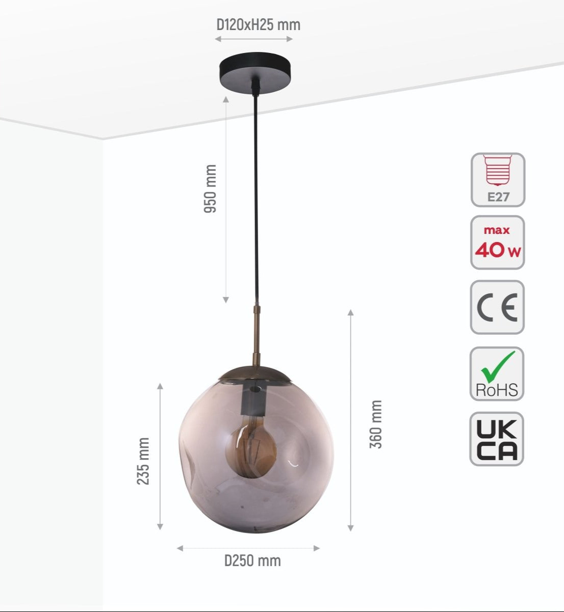 Size and specs of Smoky Glass Crater Pendant Light with E27 Fitting | TEKLED 159-17340