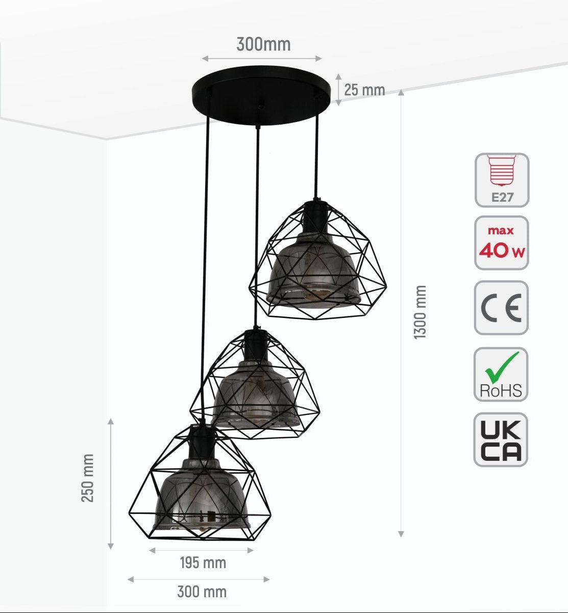 Size and specs of Smoky Glass Dome Black Metal Cage Pendant Light with 3xE27 Fitting | TEKLED 156-19482