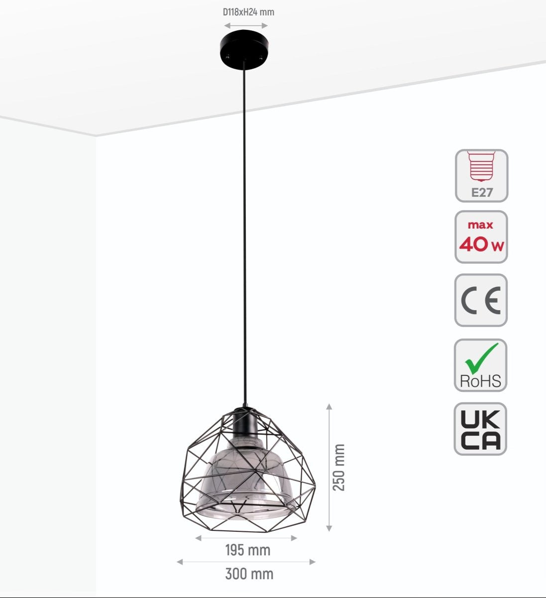 Size and specs of Smoky Glass Dome Black Metal Cage Pendant Light with E27 Fitting | TEKLED 156-19480