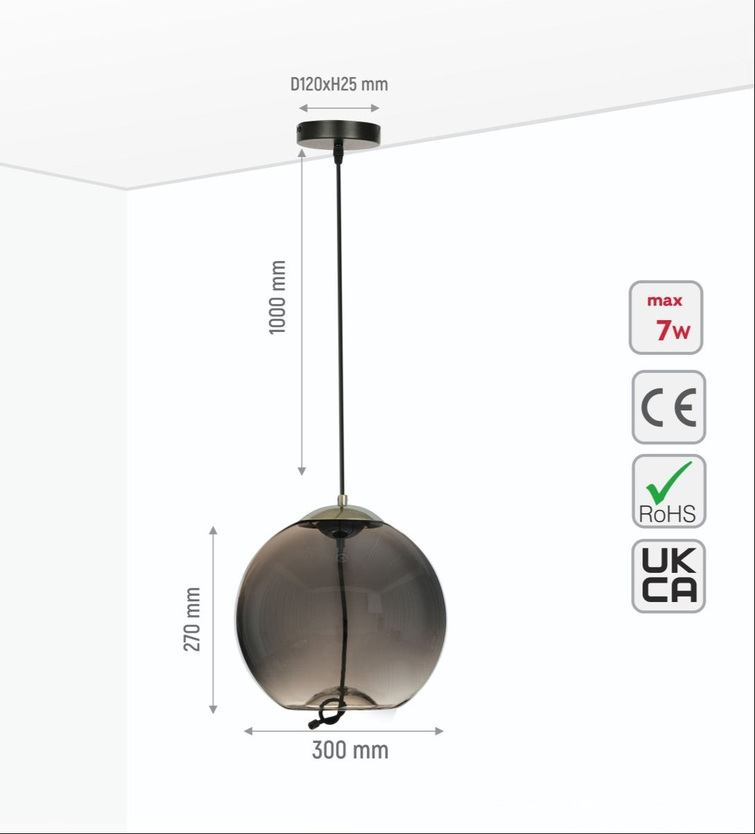 Size and specs of Smoky Glass Globe Pendant Light with G9 Fitting | TEKLED 159-17334