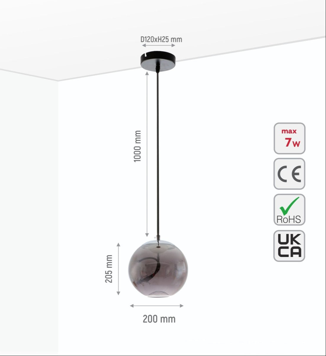 Size and specs of Smoky Glass Globe Pendant Light S with Built-in LED 4.5W | TEKLED 159-17336