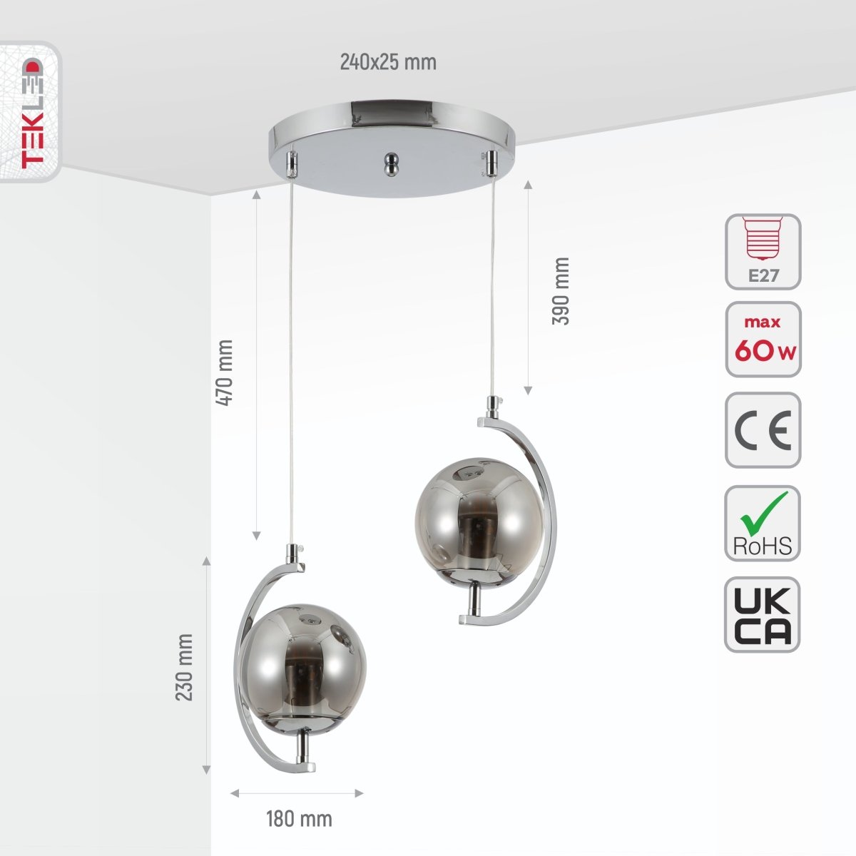 Size and specs of Smoky Globe Glass Crescent Chrome Metal Modern Ceiling Pendant Light 2xE27 | TEKLED 159-17800