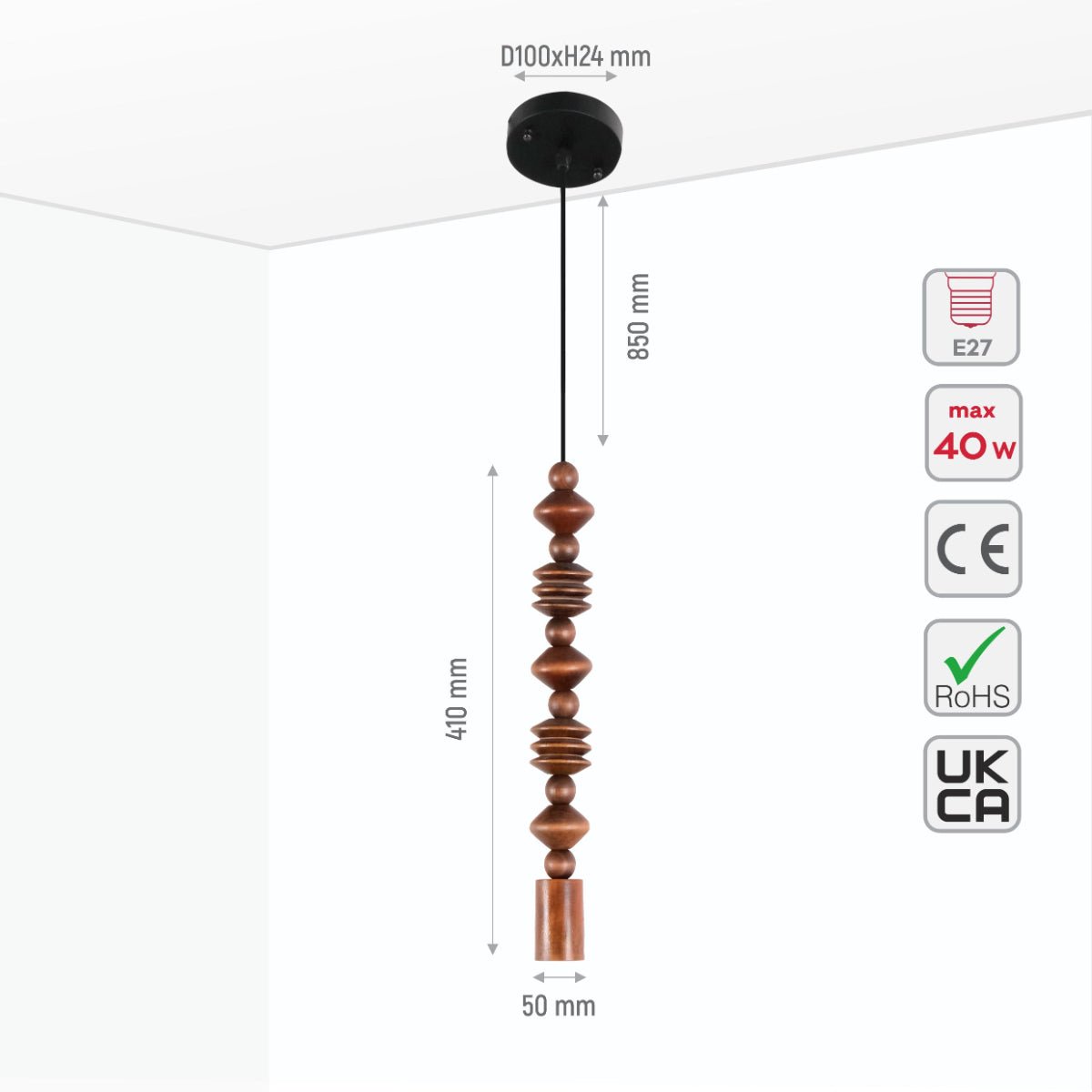 Size and specs of Stone Balance 3 Wood Stack Pendant Ceiling Light with E27 | TEKLED 150-17898