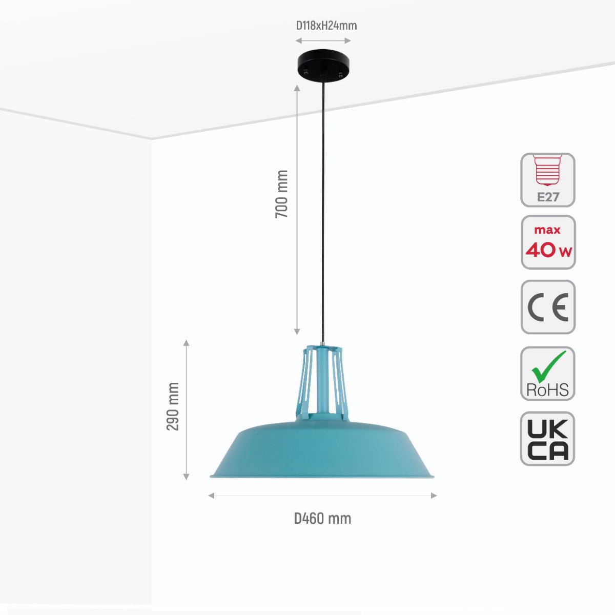 Size and specs of Turquoise Metal Step Pendant Ceiling Light with E27 | TEKLED 150-18110