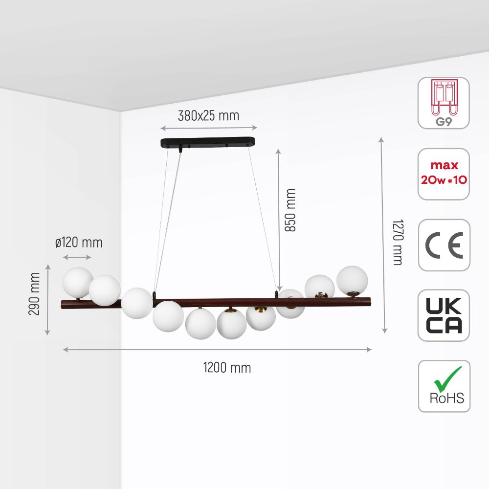 Size and specs of Walnut Wood Finish Metal Body Opal Glass Globes Kitchen Island Chandelier Ceiling Light with 10xG9 Fitting | TEKLED 158-19696