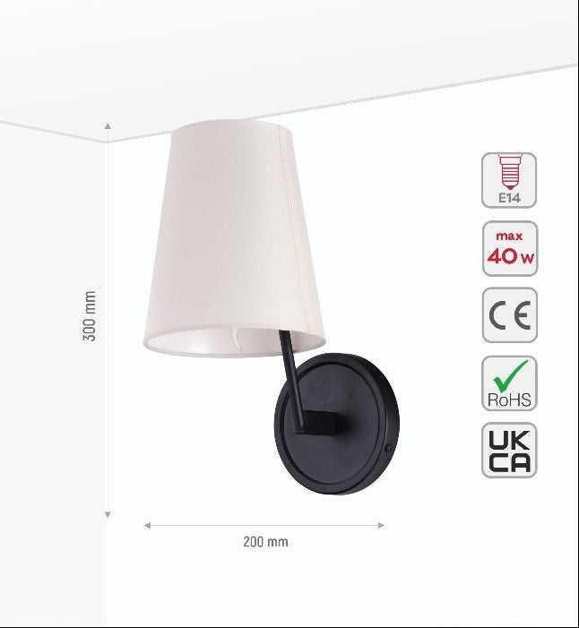 Size and specs of White Fabric Black Metal Body Wall Light with E14 Fitting | TEKLED 151-19746