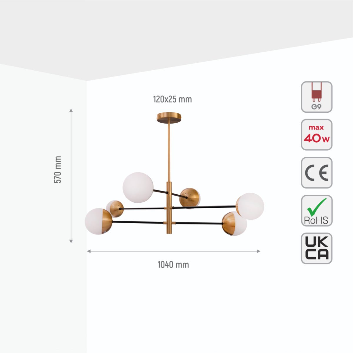 Size and specs of White Glass Gold Metal Globe Sputnik Ceiling Light Tiered Nordic Kitchen Island Chandelier with 6xG9 Fitting | TEKLED 159-17572