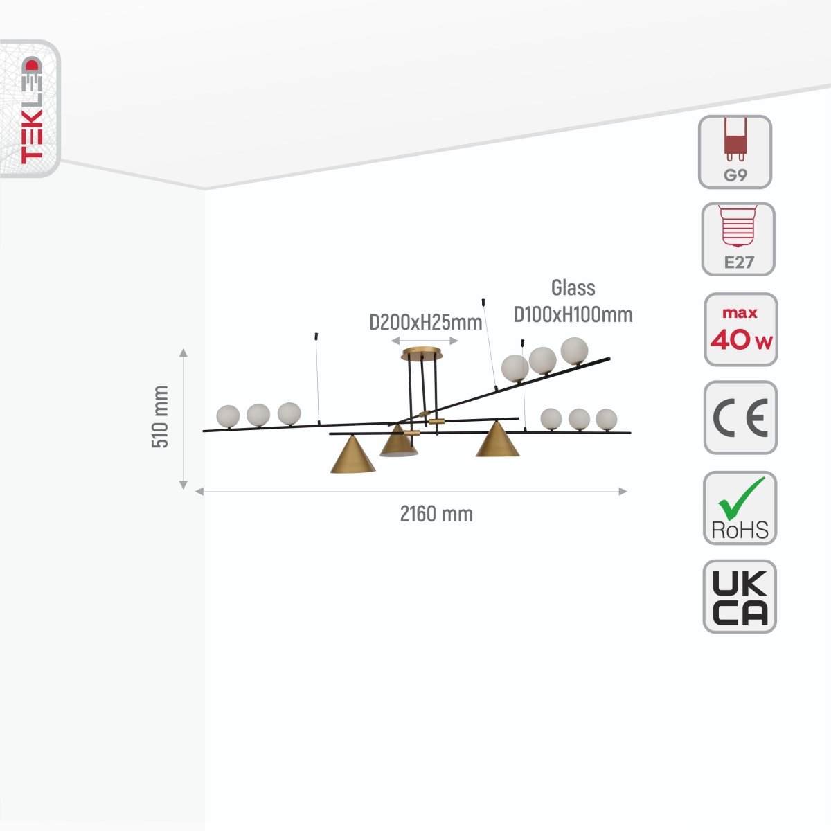 Size and specs of White Globe Glass and Gold Funnel Ceiling Light with 9xG9 and 3xE27 Fitting | TEKLED 159-17560