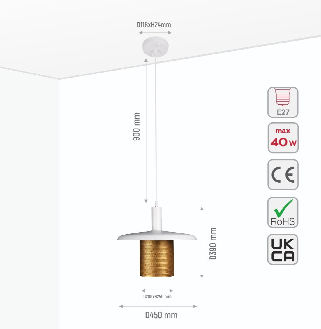 Size and specs of White-Golden Metal Caged Flat Pendant Light Large with E27 Fitting | TEKLED 150-18278