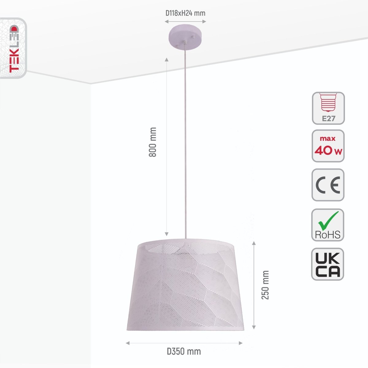 Size and specs of White Metal Dot Pattern Frustum Pendant Light with E27 Fitting | TEKLED 150-18346