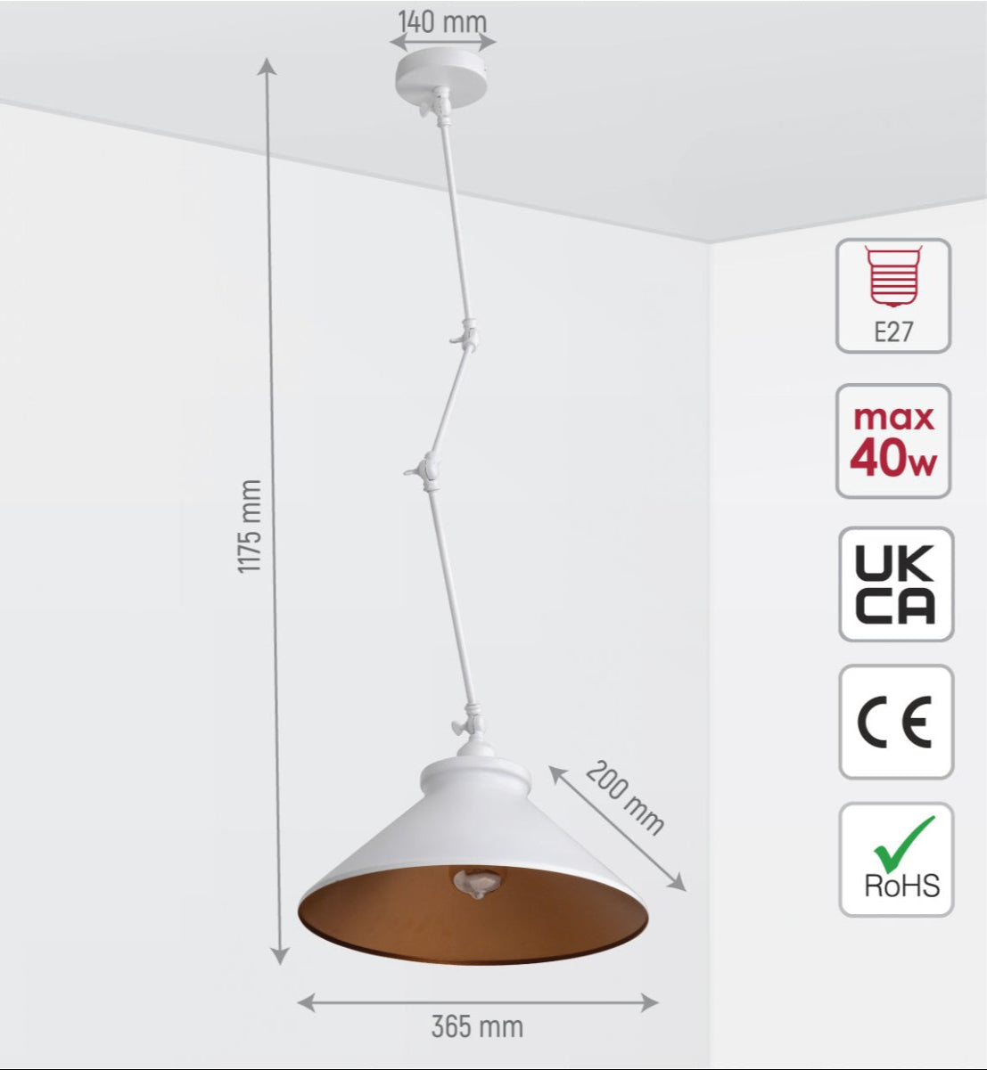 Size and specs of White Metal Hinged Funnel Ceiling Light with E27 Fitting | TEKLED 159-17042