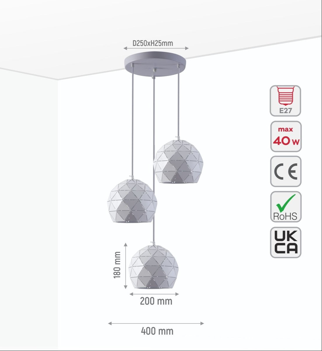 Size and specs of White Metal Laser Cut Globe Pendant Light with 3xE27 Fitting | TEKLED 150-18258