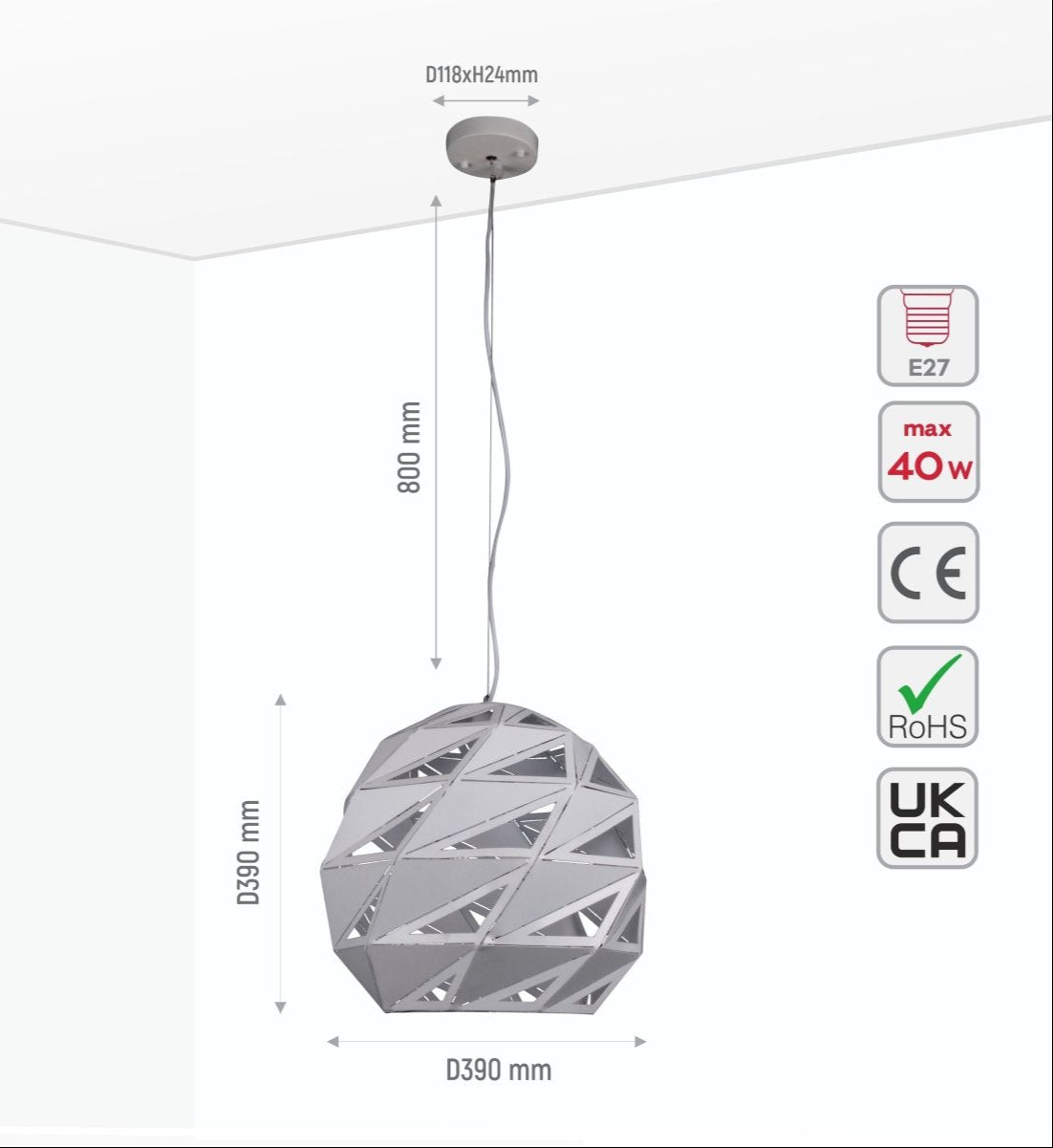 Size and specs of White Metal Laser Cut Globe Pendant Light Jumbo with E27 Fitting | TEKLED 150-18272