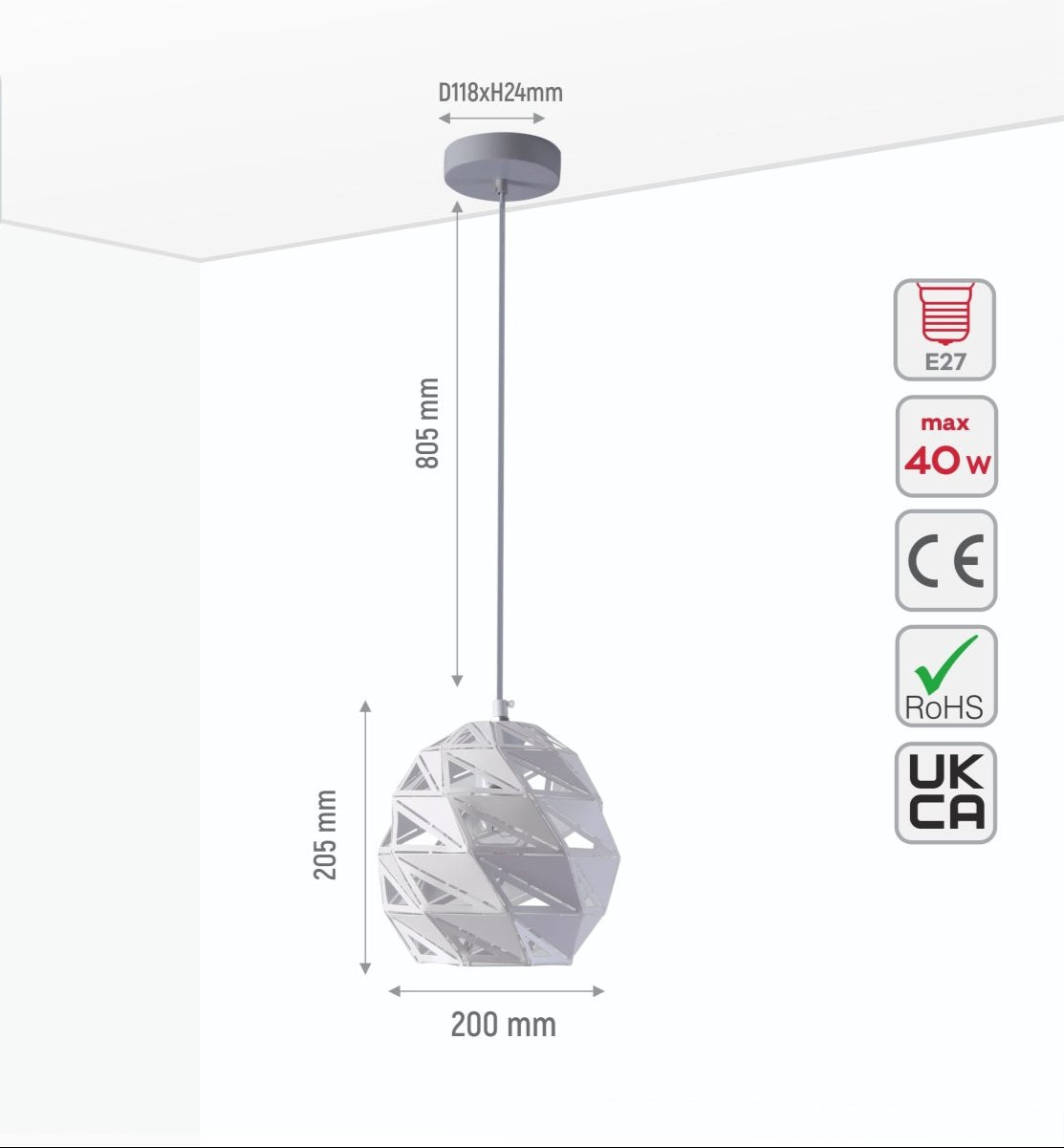 Size and specs of White Metal Laser Cut Globe Pendant Light Small with E27 Fitting | TEKLED 150-18269