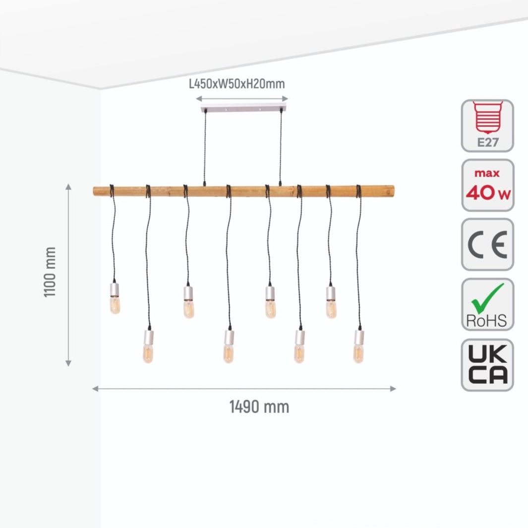 Size and specs of Wood Rod Multi Pendant Island Chandelier with 8xE27 Fittings | TEKLED 159-17504