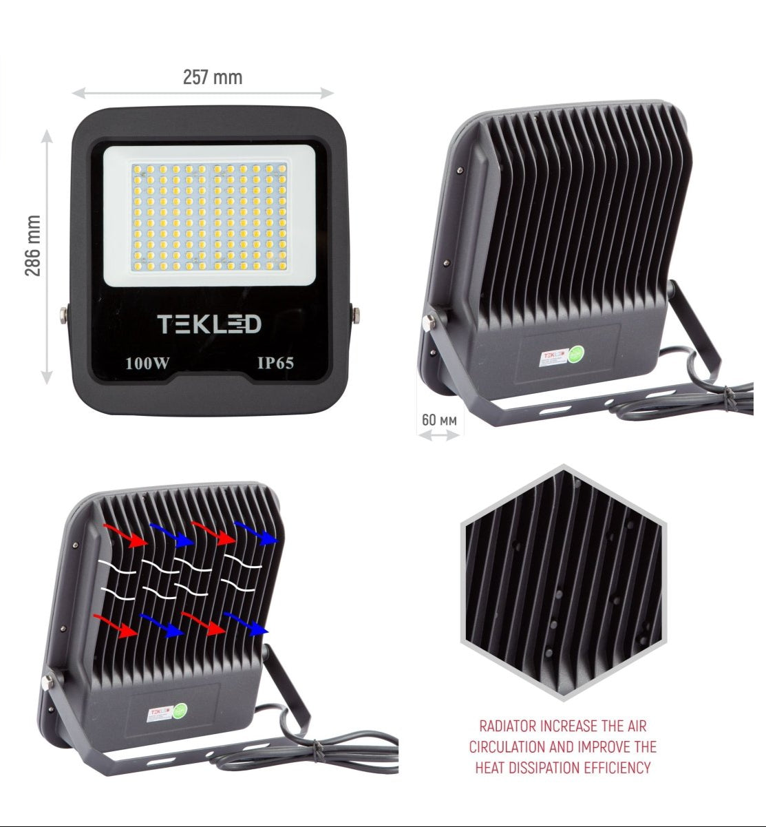 Measuremnets and closeup images for LED Floodlight SMD 3030 Uk 100W Cool White 4000K IP65