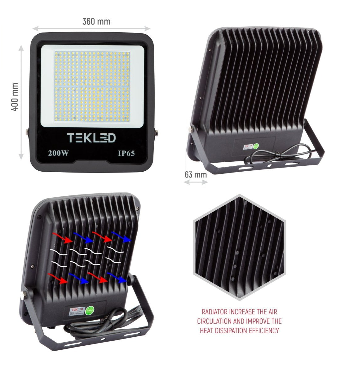 Measuremnets and closeup images for LED Floodlight SMD 3030 Uk 200W Cool White 4000K IP65