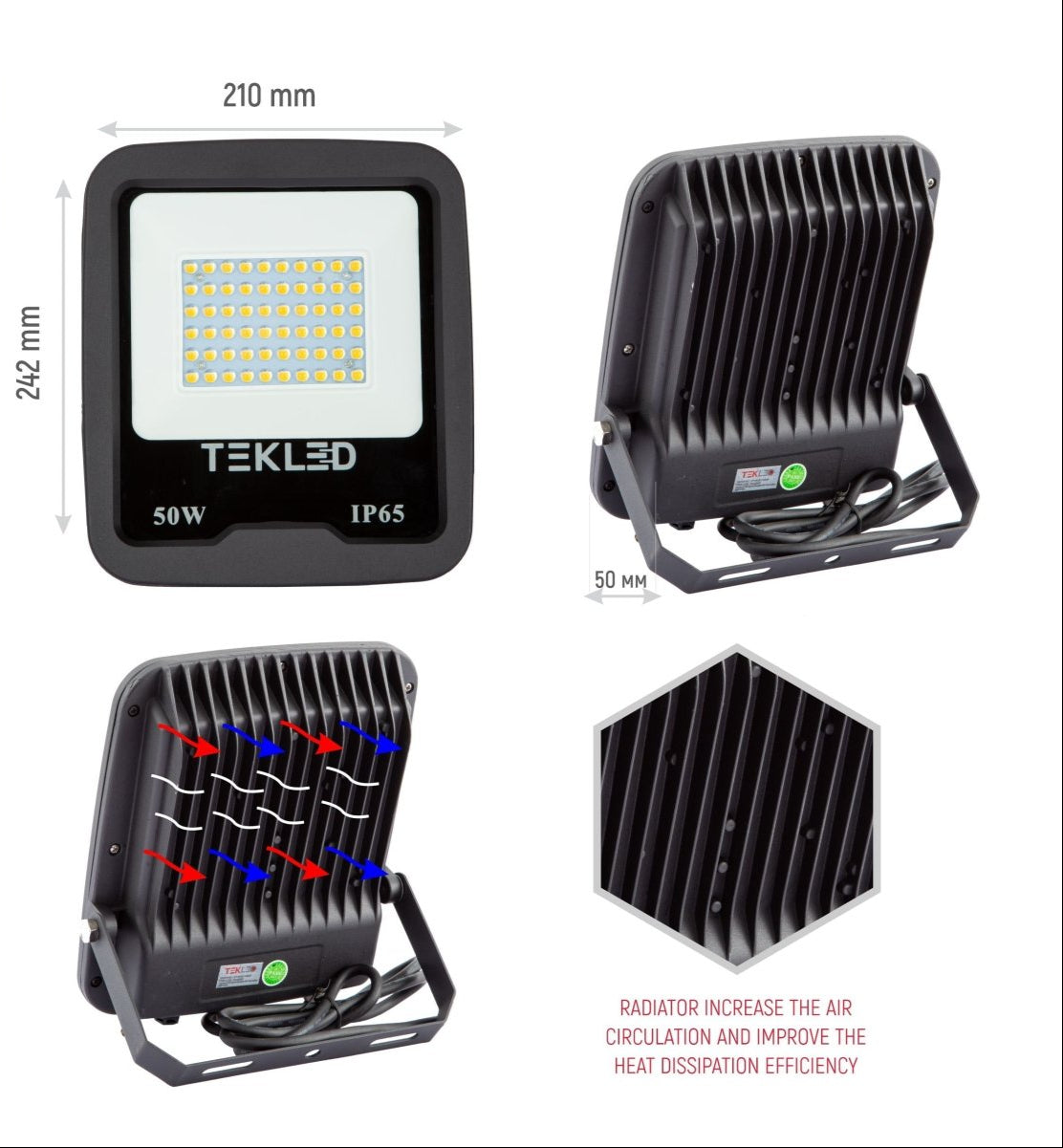 Measuremnets and closeup images for LED Floodlight SMD 3030 Uk 50W Cool White 4000K IP65