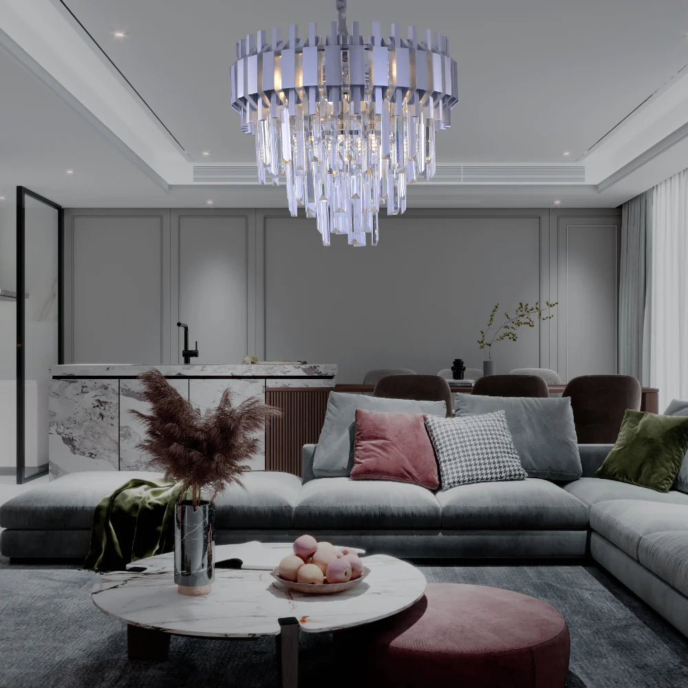 Living room kitchen bedroom use of Metropolitan Square Beam Design Tiered Crystal Modern Chandelier Ceiling Light | TEKLED 159-18034