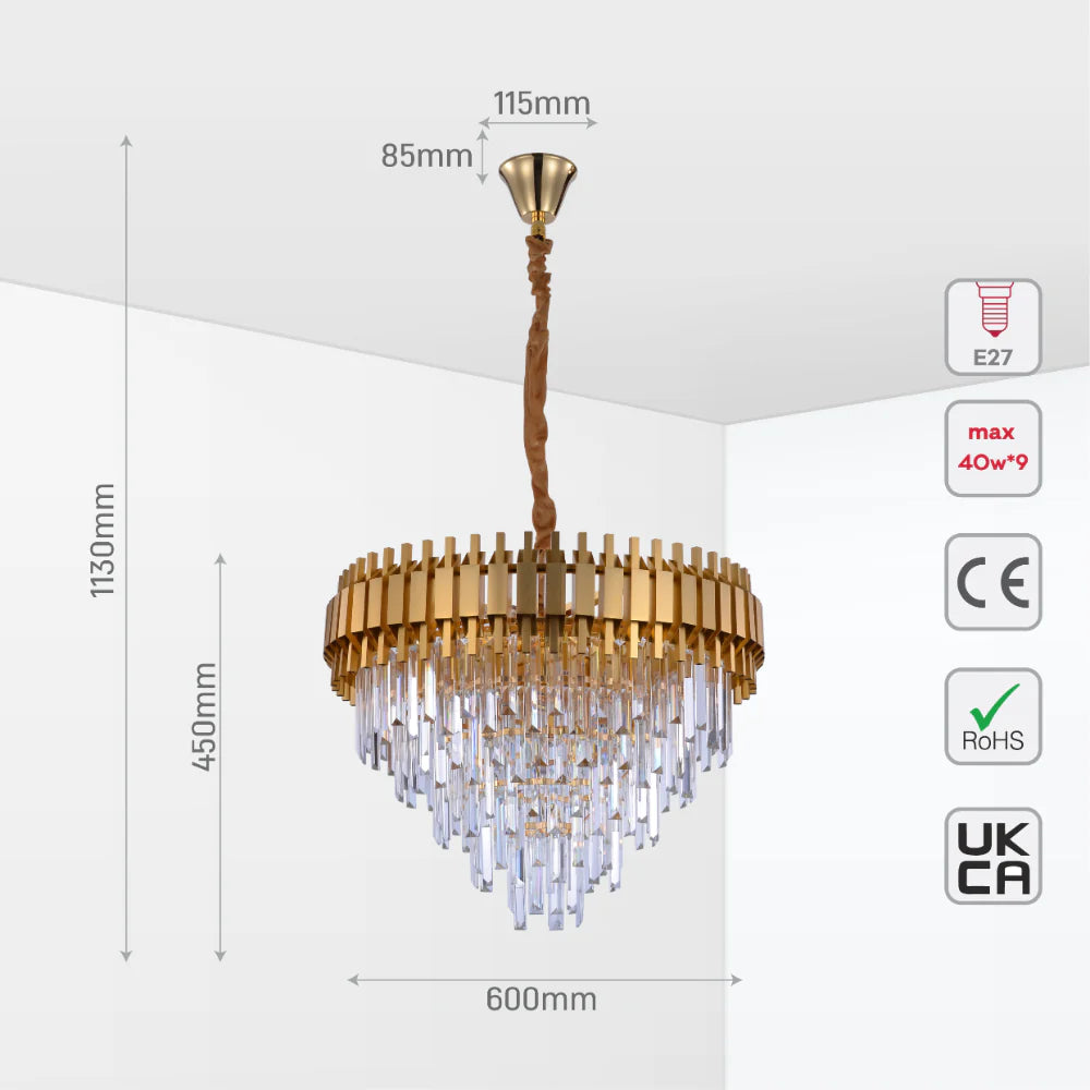 Size and tech specs of Metropolitan Square Beam Design Tiered Crystal Modern Chandelier Ceiling Light | TEKLED 159-17900