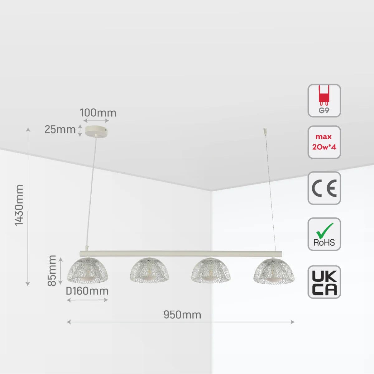 Size and certifications of Modern White Mesh Cage Dome Chandelier with G9 Bulbs - 950mm 150-19038