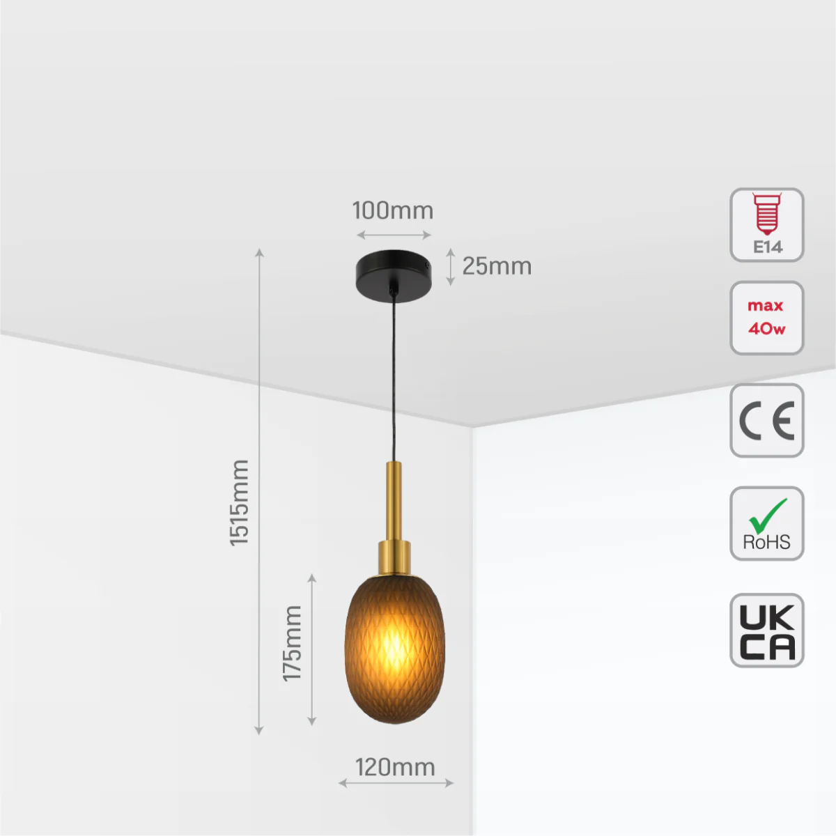 Size and certifications of Opalescent Ellipsoid Pendant Light with Gold Detail 150-19016