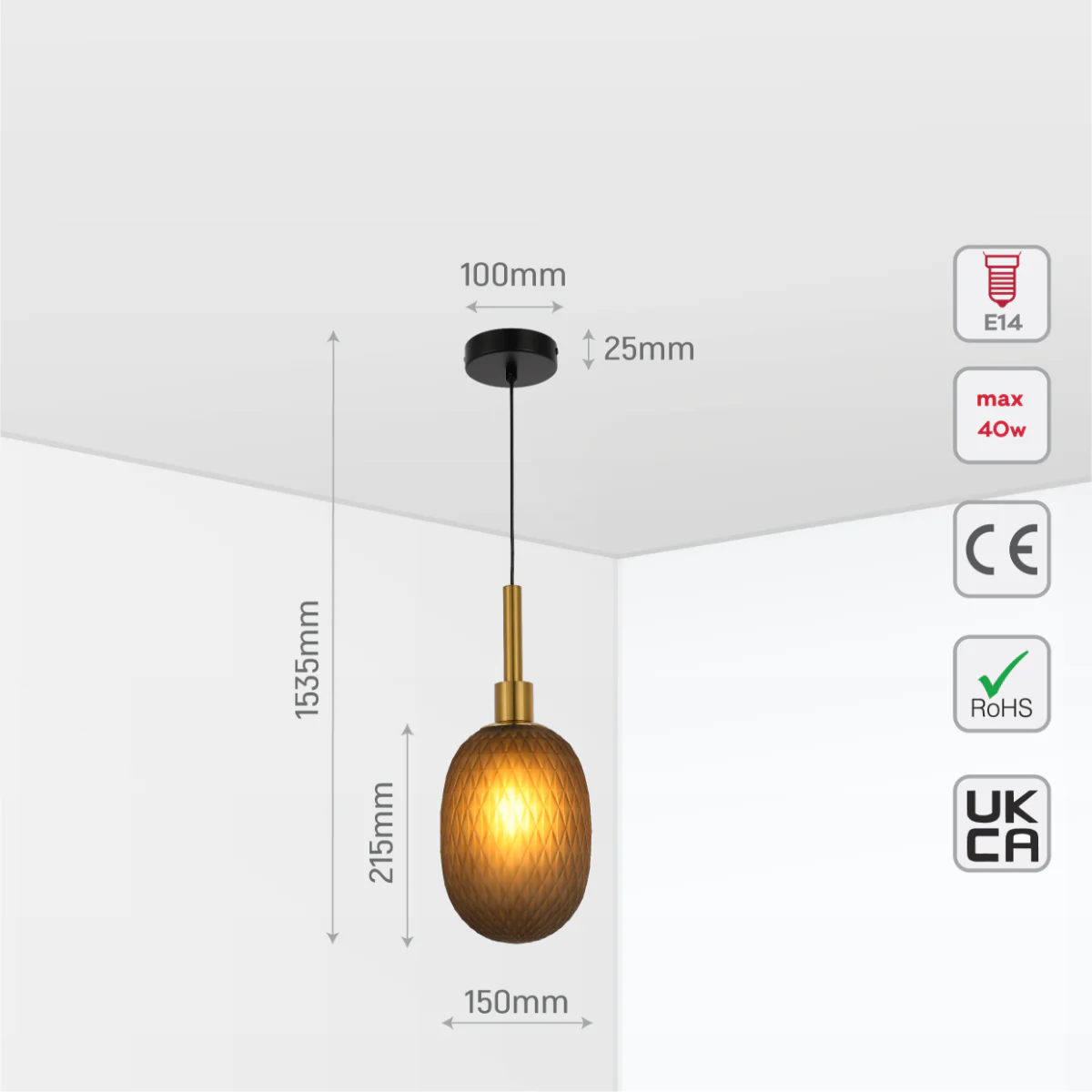 Size and certifications of Opalescent Ellipsoid Pendant Light with Gold Detail 150-19018