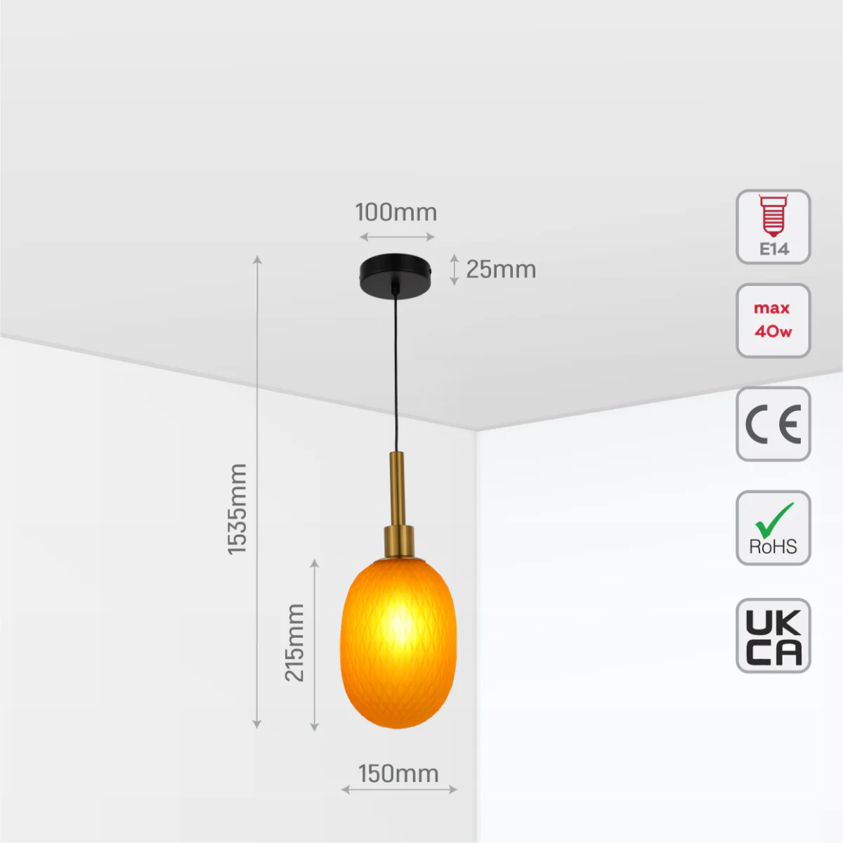 Size and certifications of Opalescent Ellipsoid Pendant Light with Gold Detail 150-19026