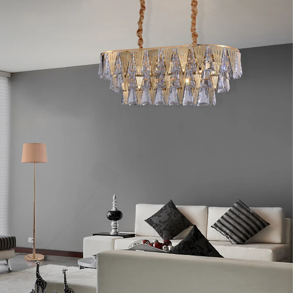 Interior use of Opulent Gold Chandelier Ceiling Light with Triangular Crystal Elegance | TEKLED 159-17918