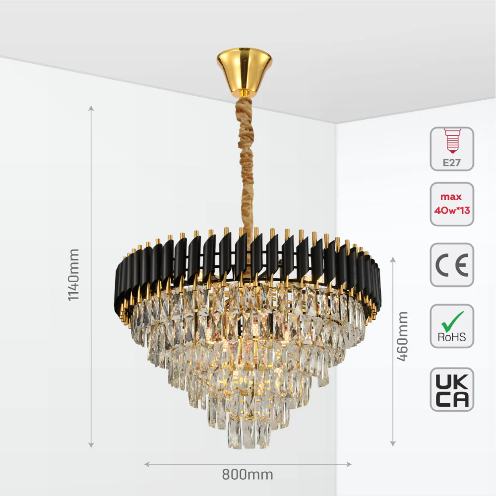 Size and tech specs of Orbit Glow Design Tiered Crystal Modern Chandelier Ceiling Light | TEKLED 159-17886