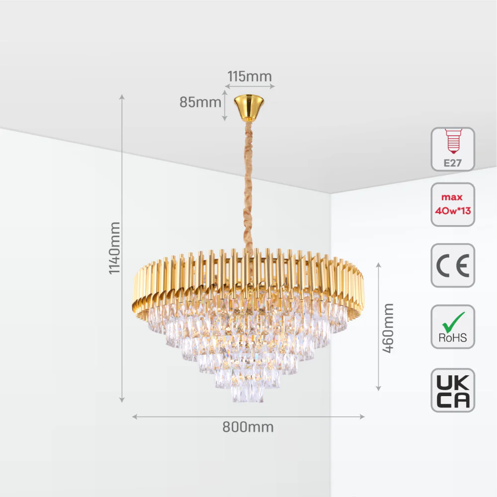 Size and tech specs of Orbit Glow Design Tiered Crystal Modern Chandelier Ceiling Light | TEKLED 159-17894