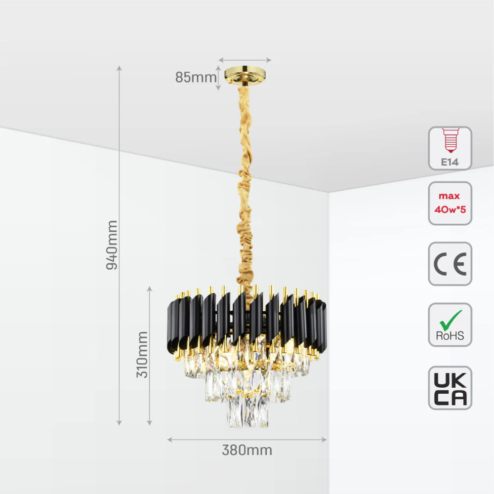 Size and tech specs of Orbit Glow Design Tiered Crystal Modern Chandelier Ceiling Light | TEKLED 159-18027