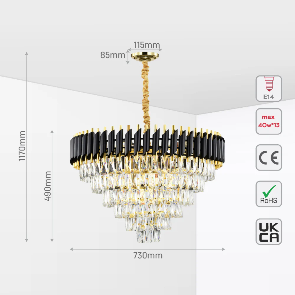 Size and tech specs of Orbit Glow Design Tiered Crystal Modern Chandelier Ceiling Light | TEKLED 159-18030