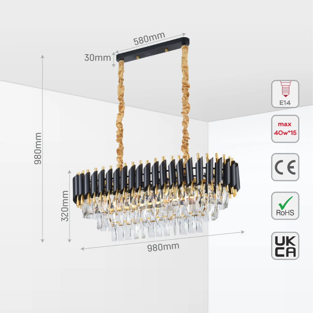 Size and tech specs of Orbit Glow Design Tiered Crystal Modern Chandelier Ceiling Light | TEKLED 159-18032