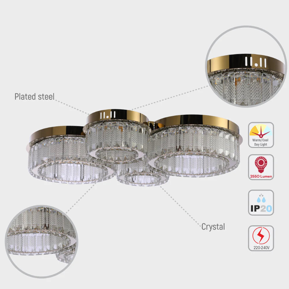 Quadruple-ring Crystal Flush Ceiling Chandelier Light with Remote Control 3 Colour 6