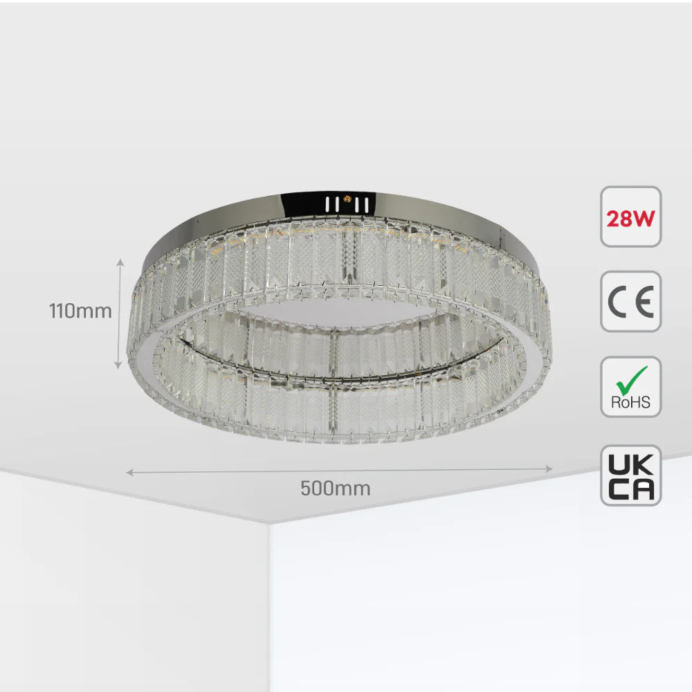 Ring Crystal Chrome Flush Ceiling Chandelier Light with Remote Control 3 Colour 10