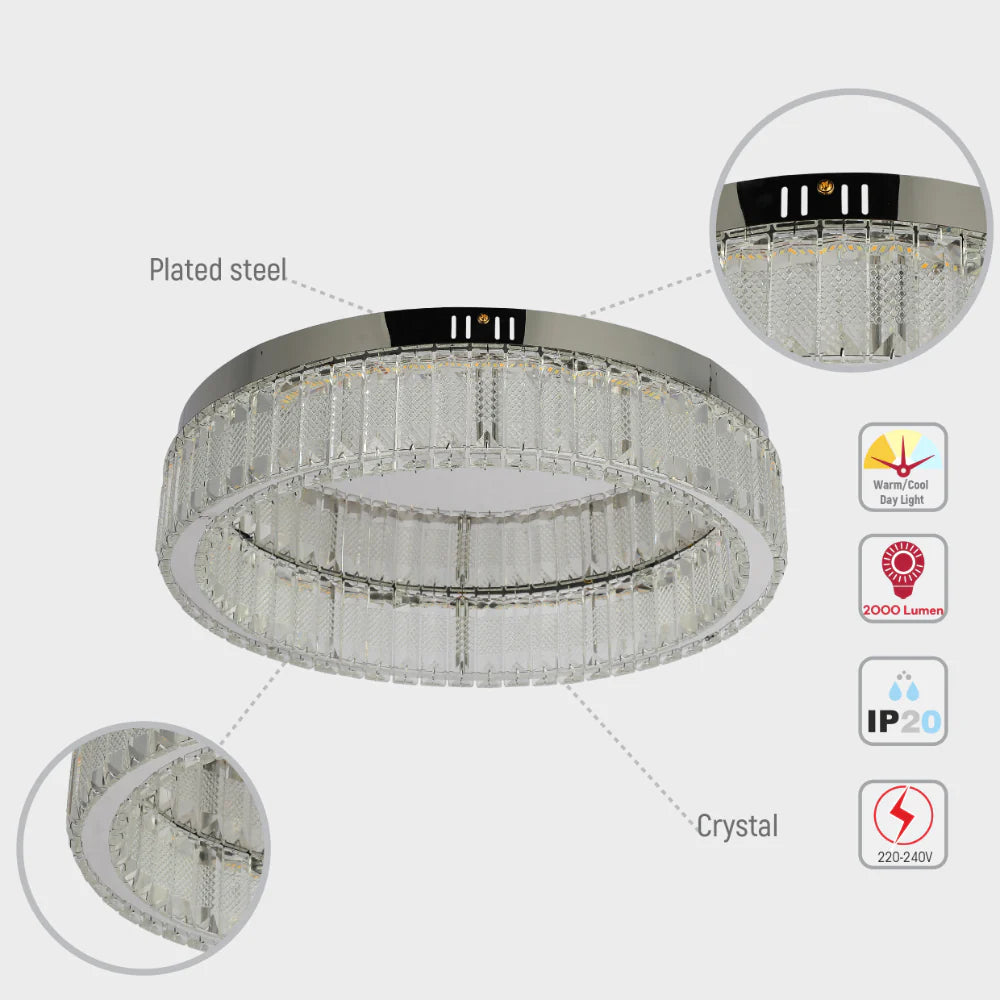 Ring Crystal Chrome Flush Ceiling Chandelier Light with Remote Control 3 Colour 12